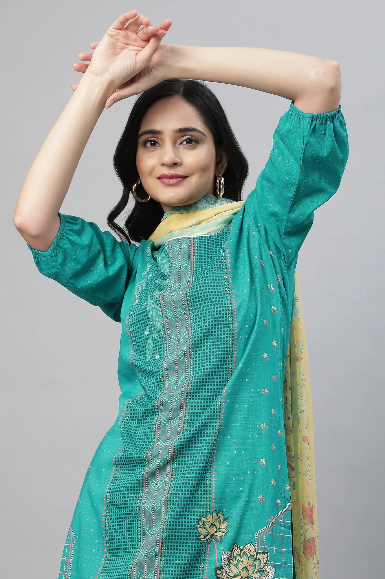 Blue Printed Kurta, Culottes & Dupatta Set