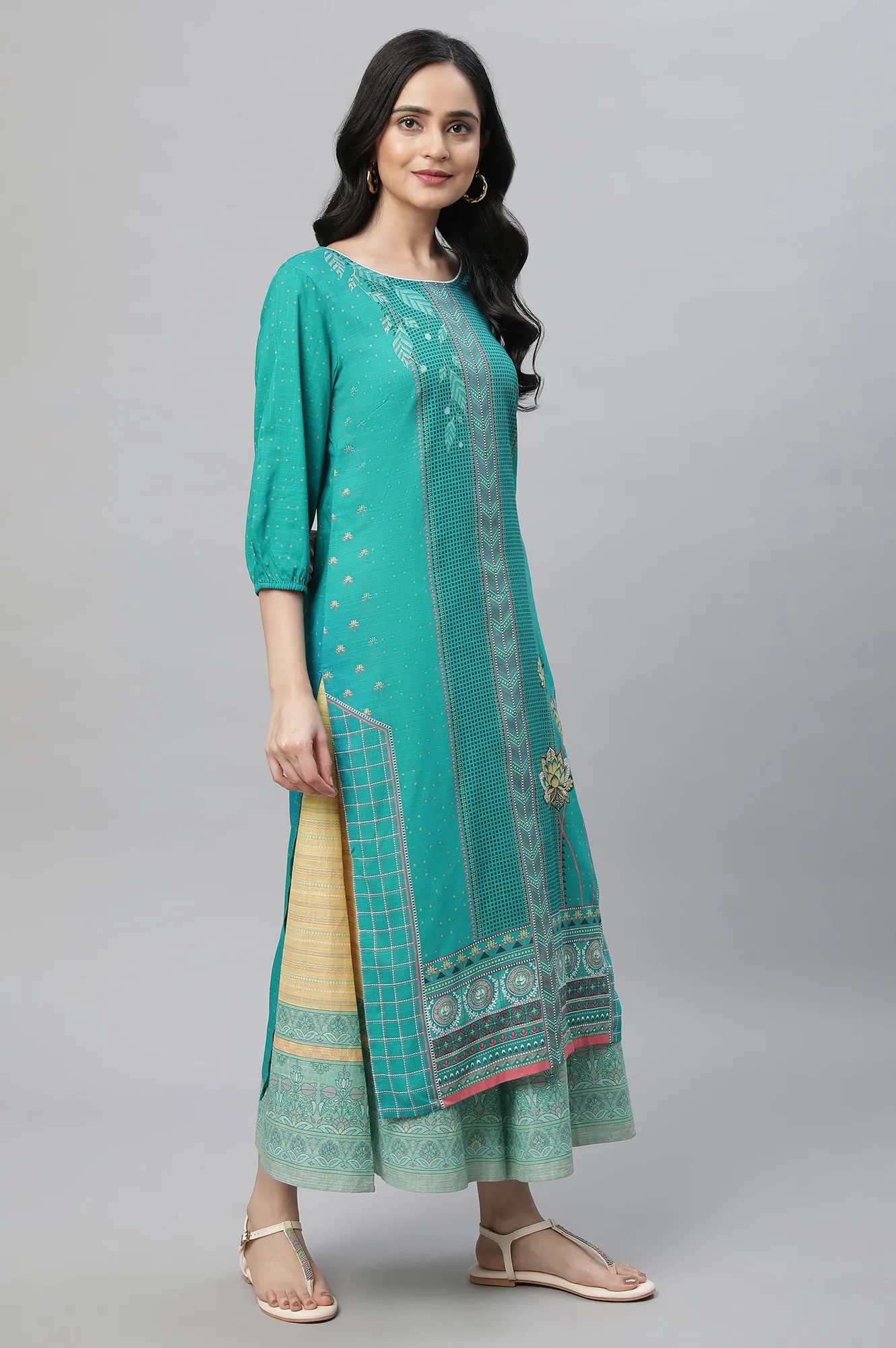 Blue Printed Kurta, Culottes & Dupatta Set