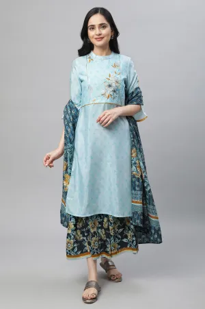 Blue Printed Kurta, Culottes & Dupatta Set