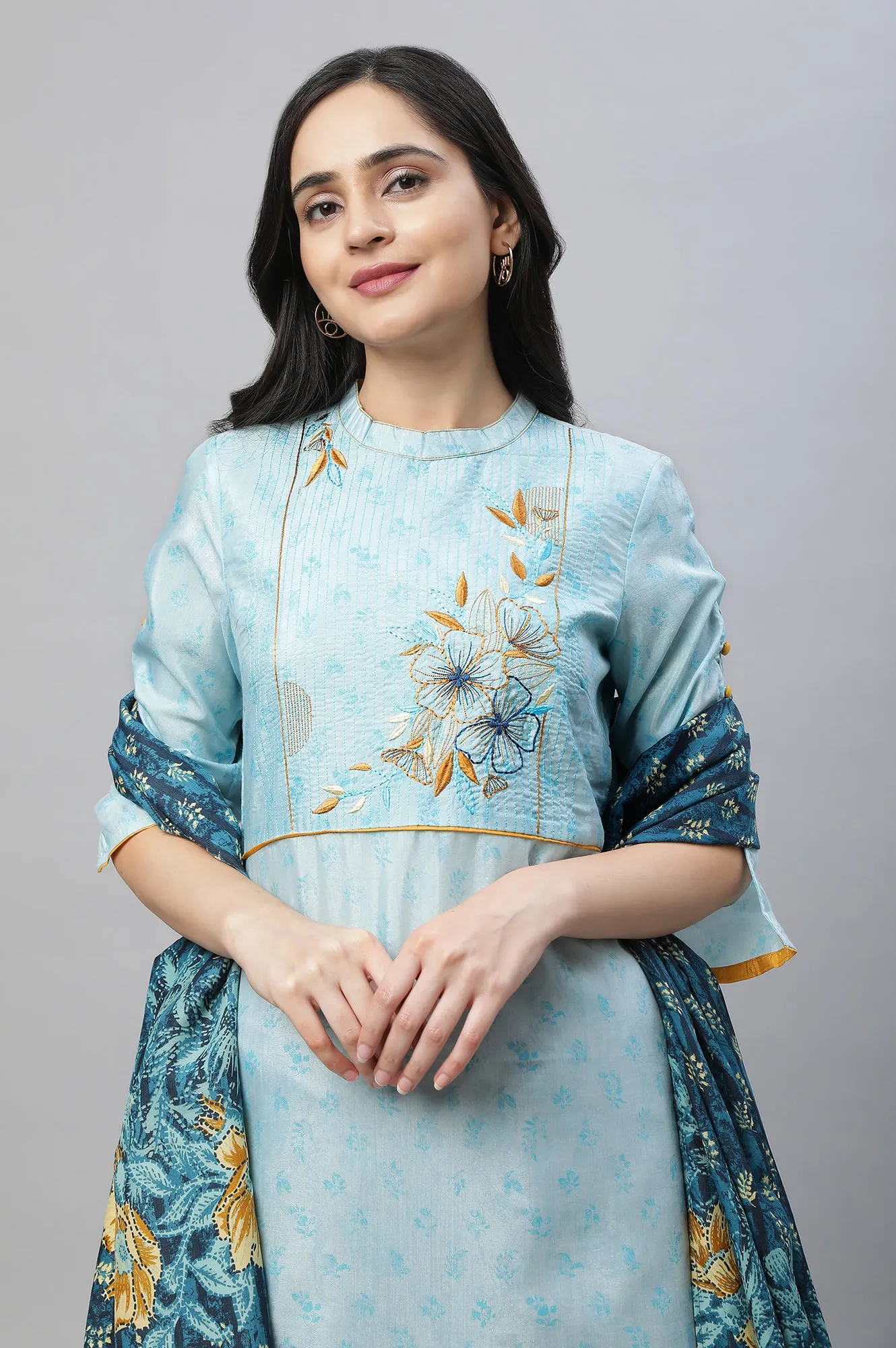Blue Printed Kurta, Culottes & Dupatta Set