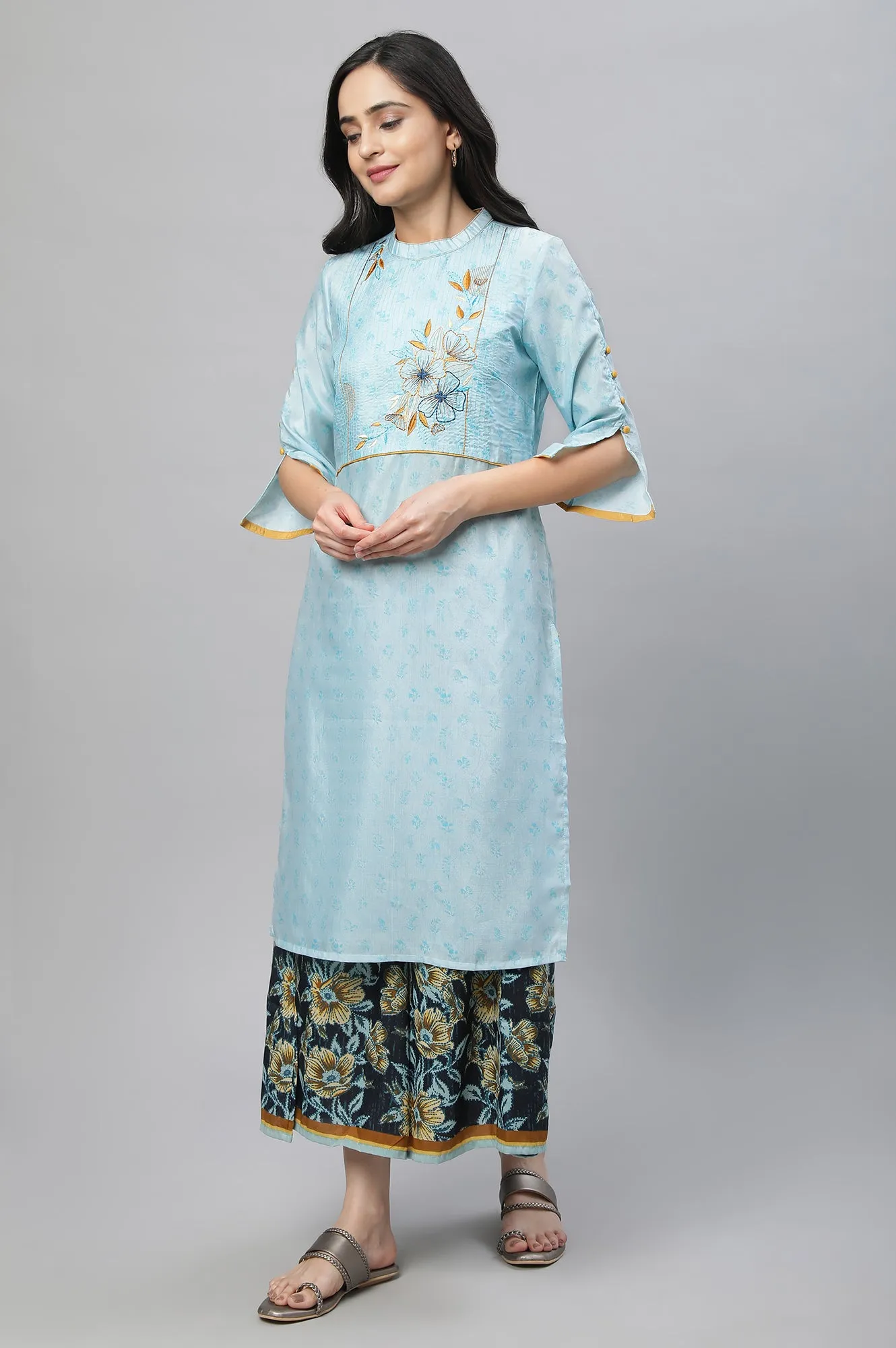 Blue Printed Kurta, Culottes & Dupatta Set