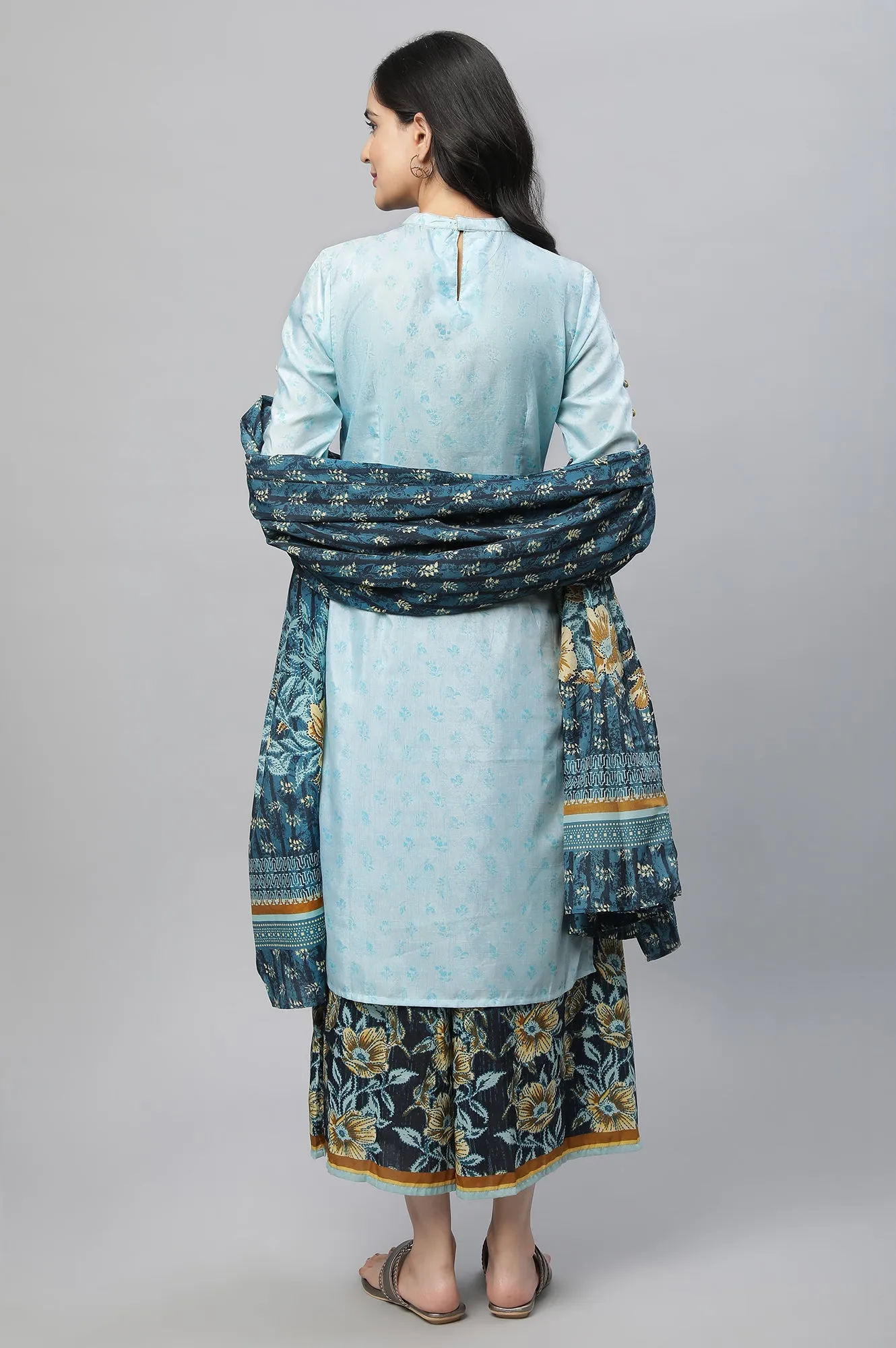 Blue Printed Kurta, Culottes & Dupatta Set