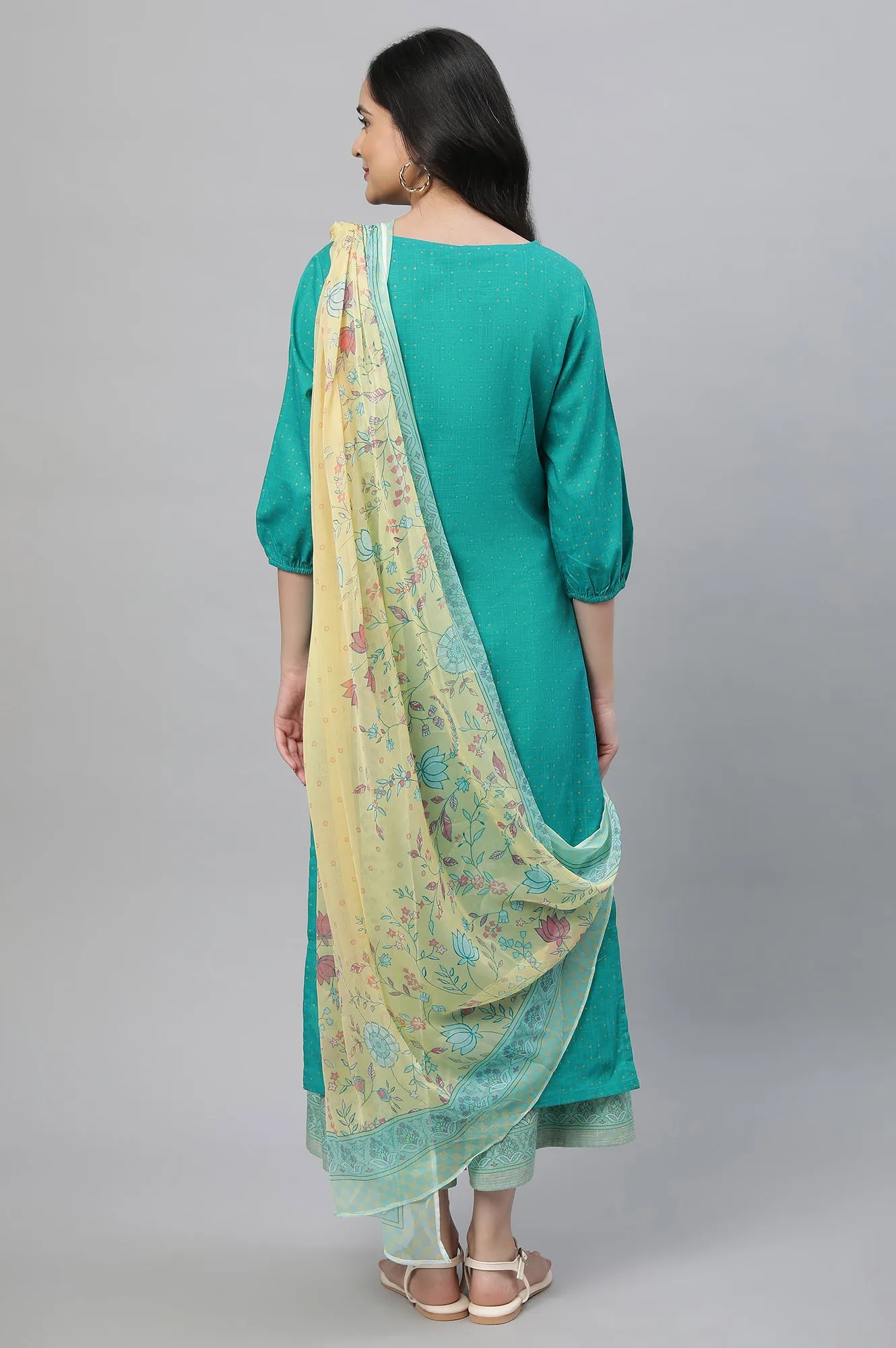Blue Printed Kurta, Culottes & Dupatta Set