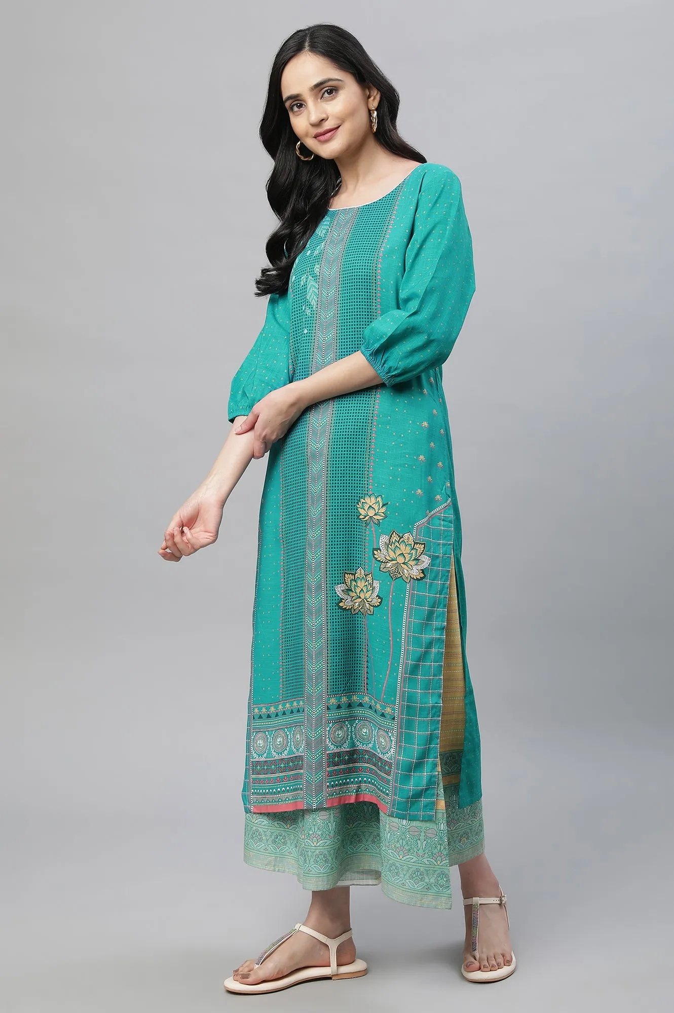 Blue Printed Kurta, Culottes & Dupatta Set
