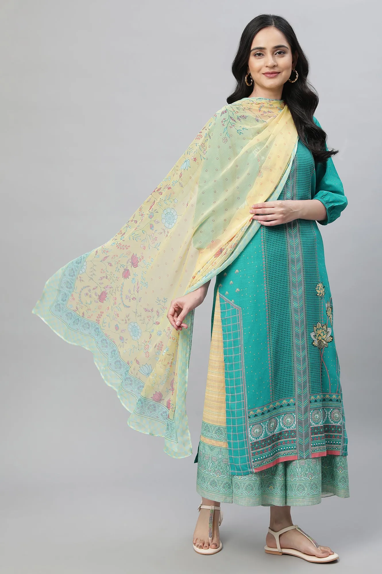 Blue Printed Kurta, Culottes & Dupatta Set