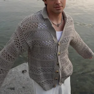 Bonsir Casual Solid Color Hollow Knitted Cardigans Men Autumn Fashion Loose Long Sleeve Button-up Sweater For Mens Lapel Knitting Shirt