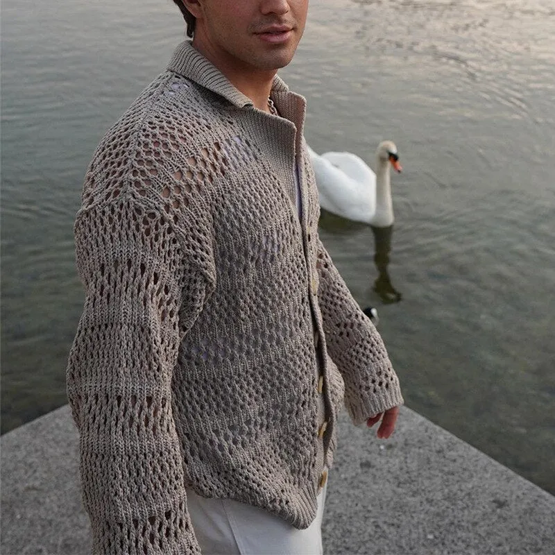 Bonsir Casual Solid Color Hollow Knitted Cardigans Men Autumn Fashion Loose Long Sleeve Button-up Sweater For Mens Lapel Knitting Shirt