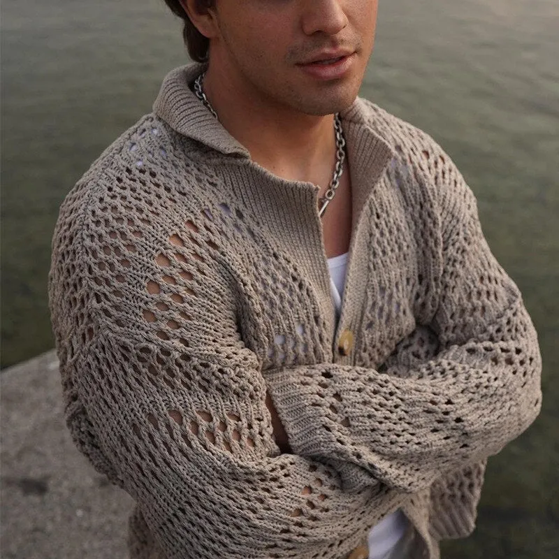 Bonsir Casual Solid Color Hollow Knitted Cardigans Men Autumn Fashion Loose Long Sleeve Button-up Sweater For Mens Lapel Knitting Shirt