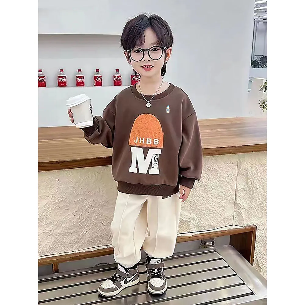 Brown 3D Cap Design 2 Pcs Track Suit Set For Toddlers And Kids