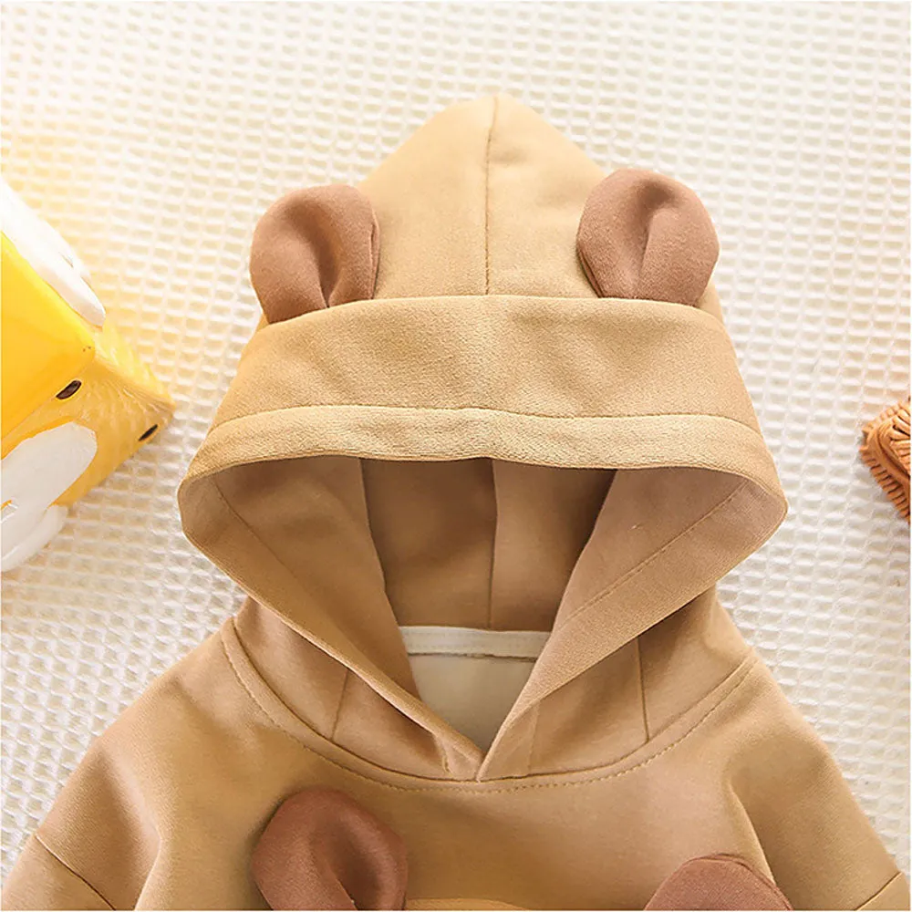 Brown 3D Ears Hoodie 2Pcs Toddlers & Kids Track Suit Set For Winter And All Season Wear