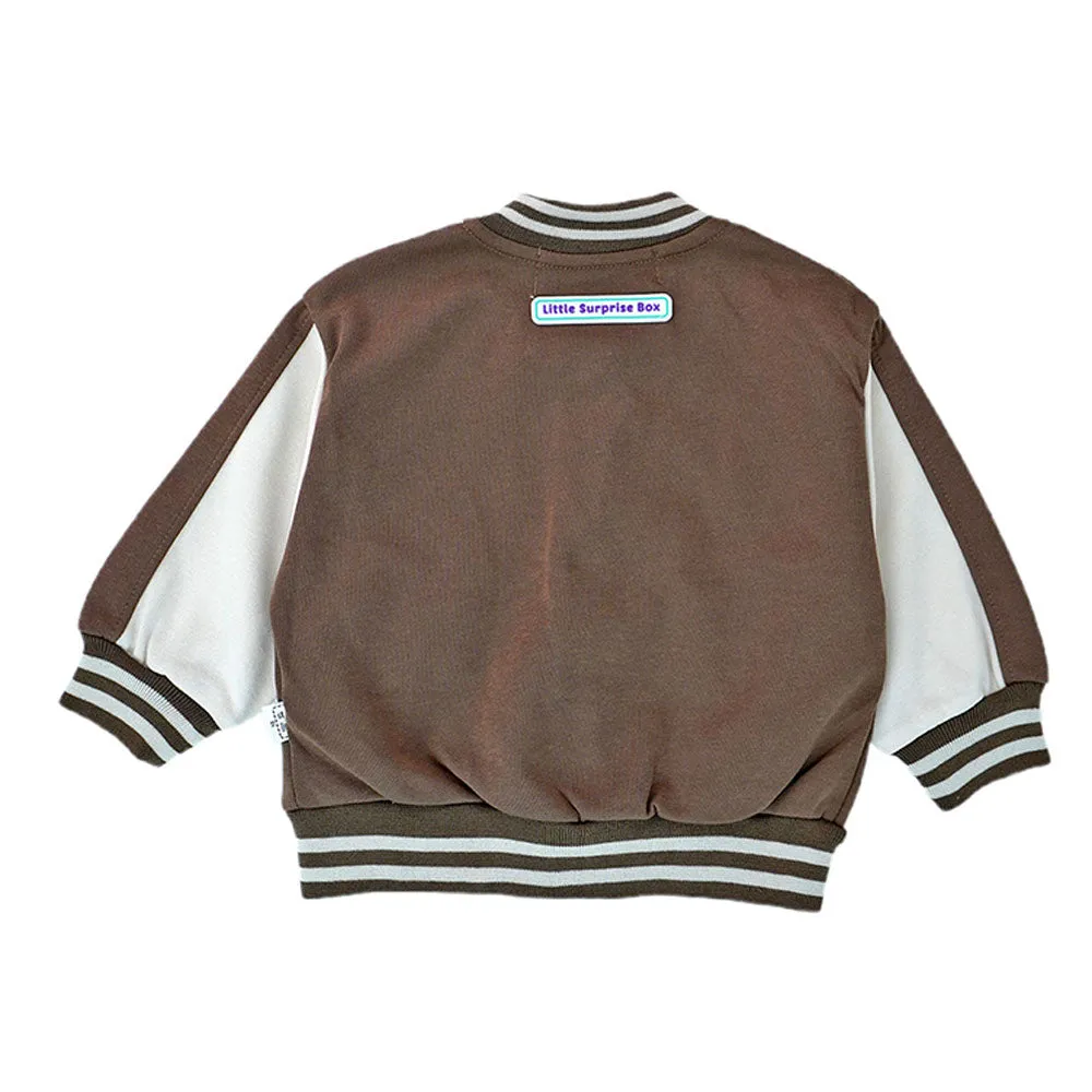 Brown & Cream 1977 Designed 3 Pcs Varsity Jacket Styled Track Suit Set For Toddlers And Kids