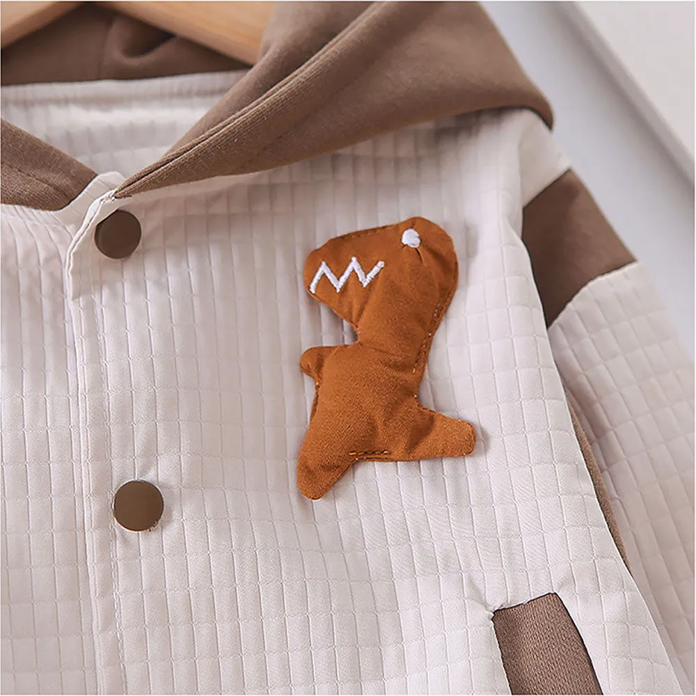 Brown Dino Broach Designed Jacket 3 Pcs Track Suit Set For Toddlers And Kids