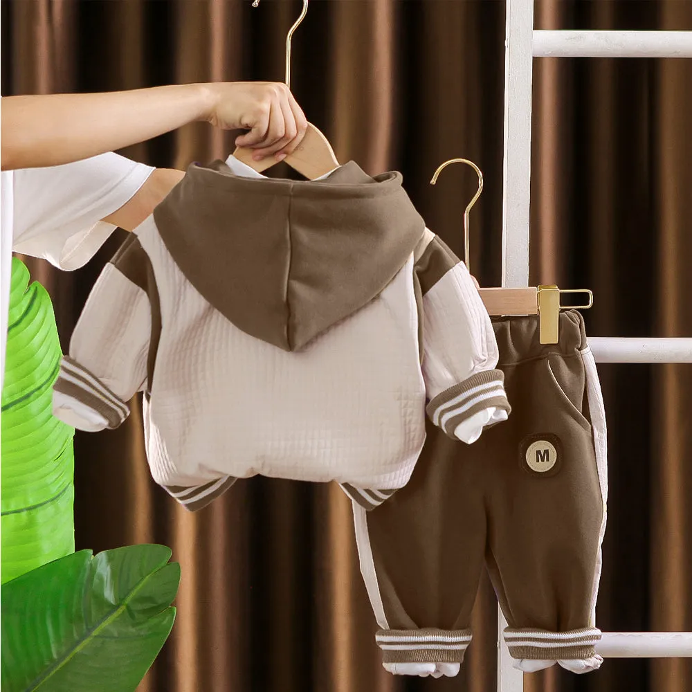 Brown Dino Broach Designed Jacket 3 Pcs Track Suit Set For Toddlers And Kids