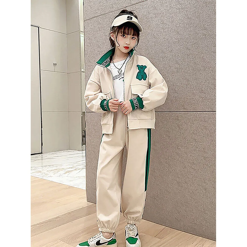 Casual Green Teddy & Cream 2Pcs Track Suit Set For Kids & Tweens
