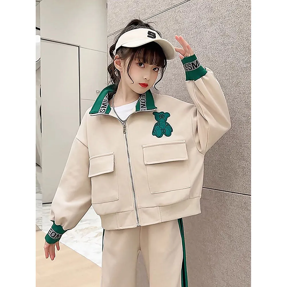 Casual Green Teddy & Cream 2Pcs Track Suit Set For Kids & Tweens