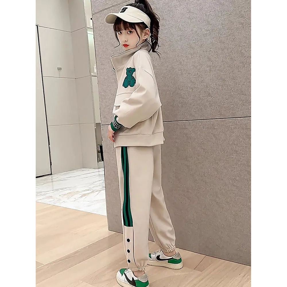 Casual Green Teddy & Cream 2Pcs Track Suit Set For Kids & Tweens