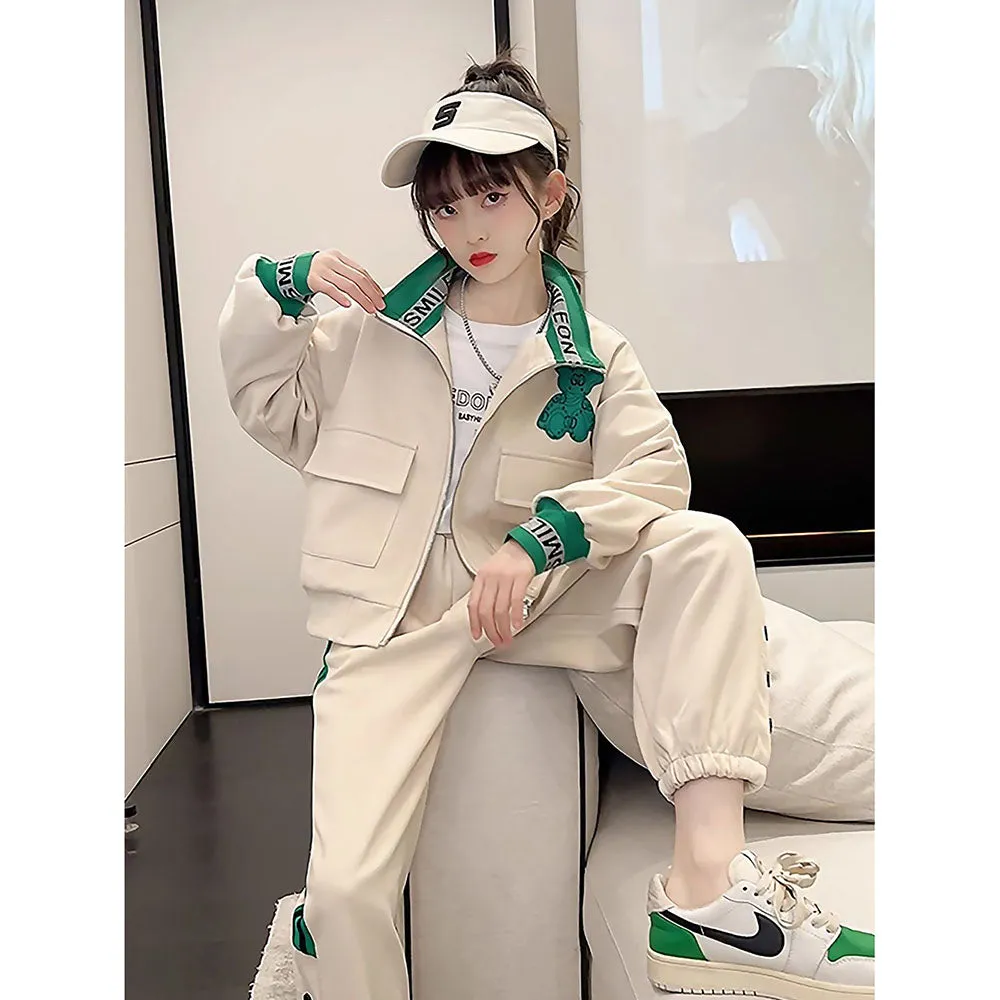 Casual Green Teddy & Cream 2Pcs Track Suit Set For Kids & Tweens
