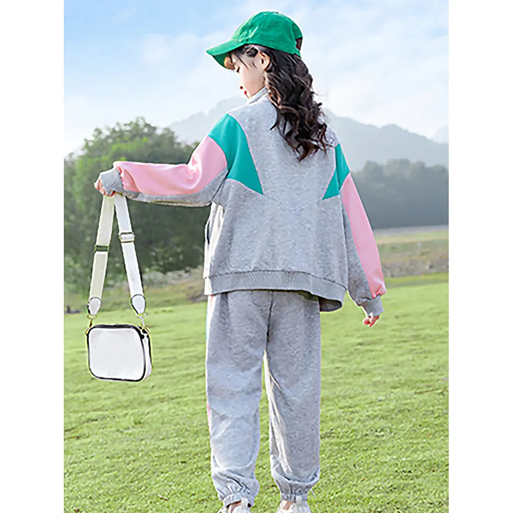 Casual Grey With Mint & Pink Stripes 2Pcs Track Suit Set For Kids & Tweens