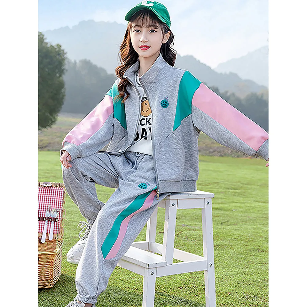 Casual Grey With Mint & Pink Stripes 2Pcs Track Suit Set For Kids & Tweens