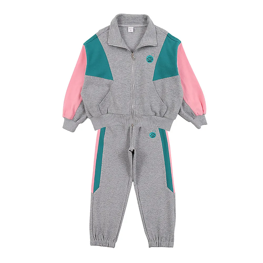 Casual Grey With Mint & Pink Stripes 2Pcs Track Suit Set For Kids & Tweens