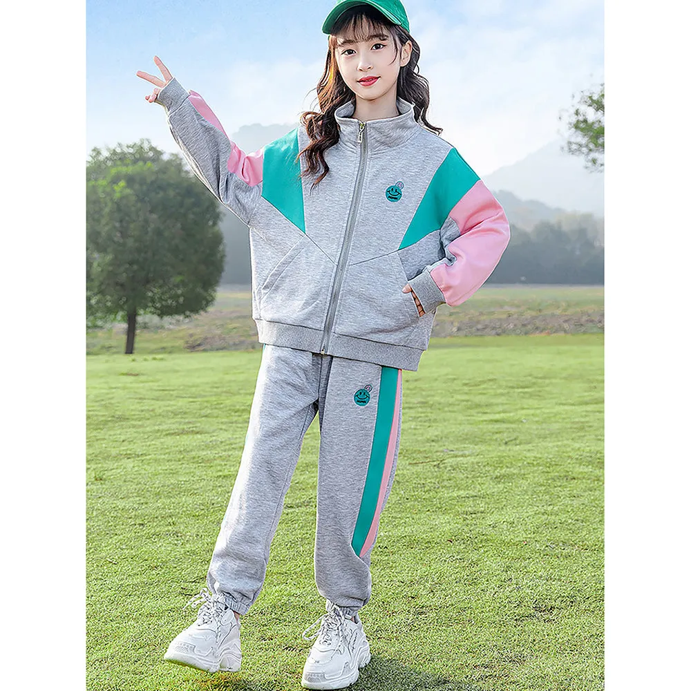 Casual Grey With Mint & Pink Stripes 2Pcs Track Suit Set For Kids & Tweens