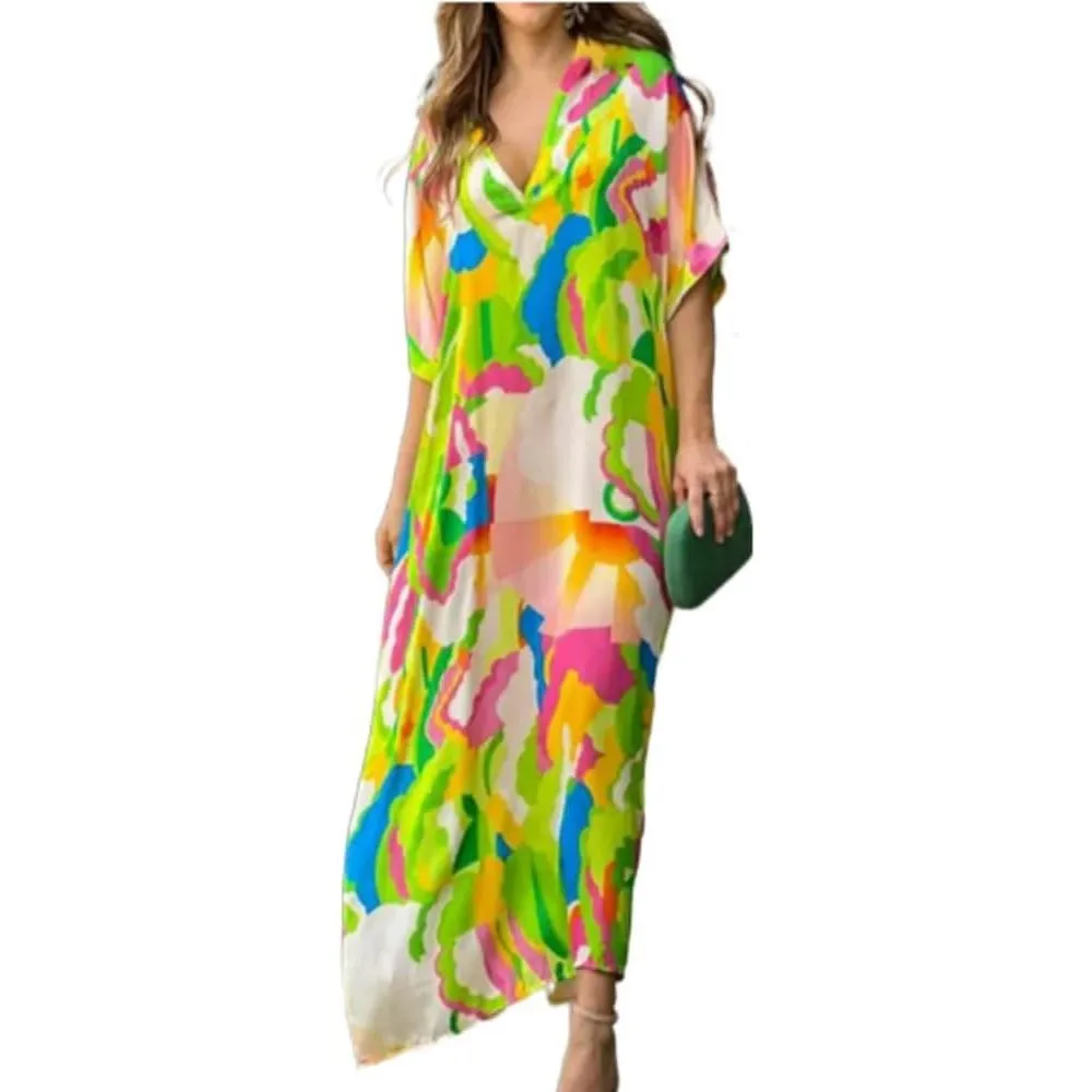 Casual Ladies Holiday Seaside Beach Dress Summer Print Half Sleeve