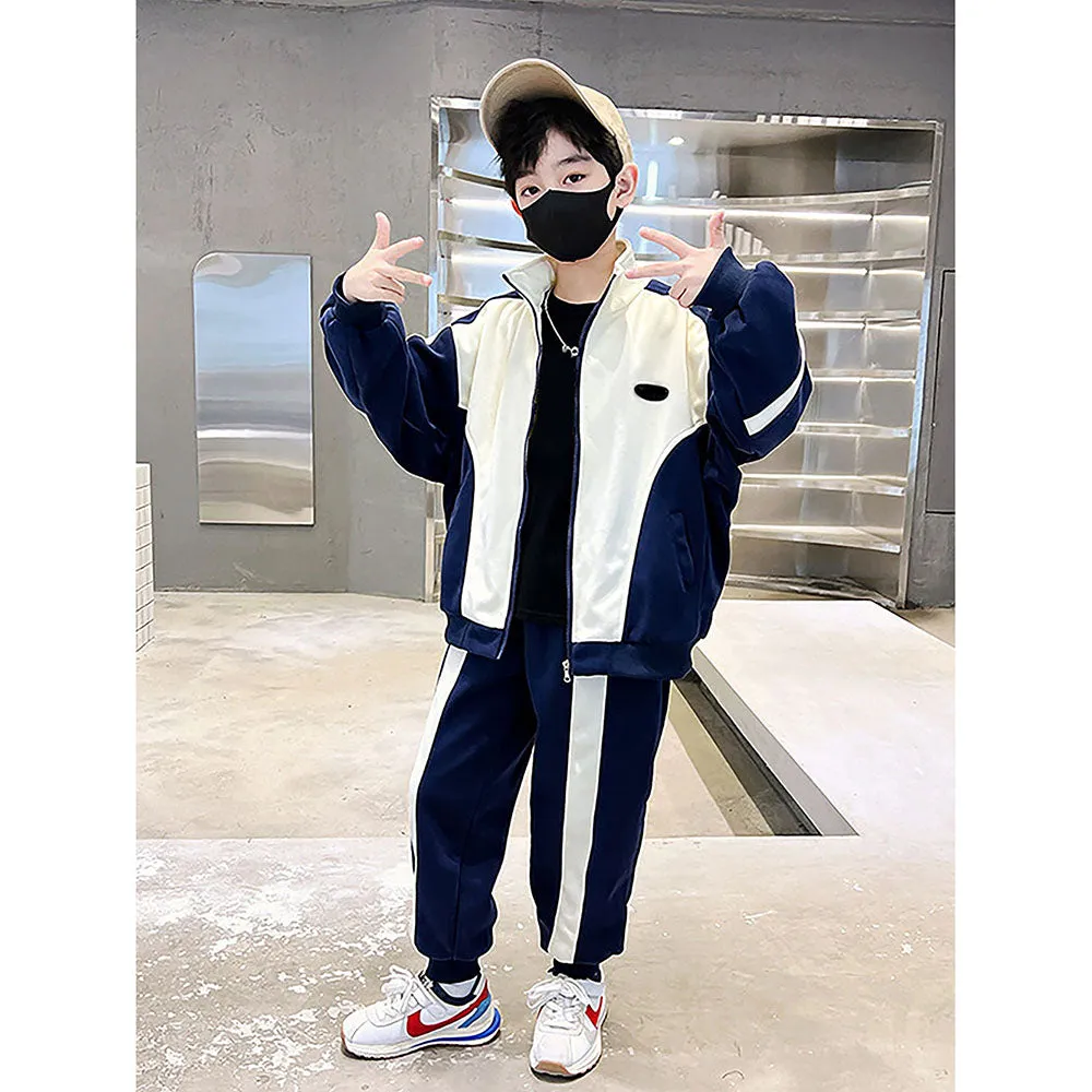 Casual Navy & Cream 2Pcs Track Suit Set For Boys,Kids & Tweens