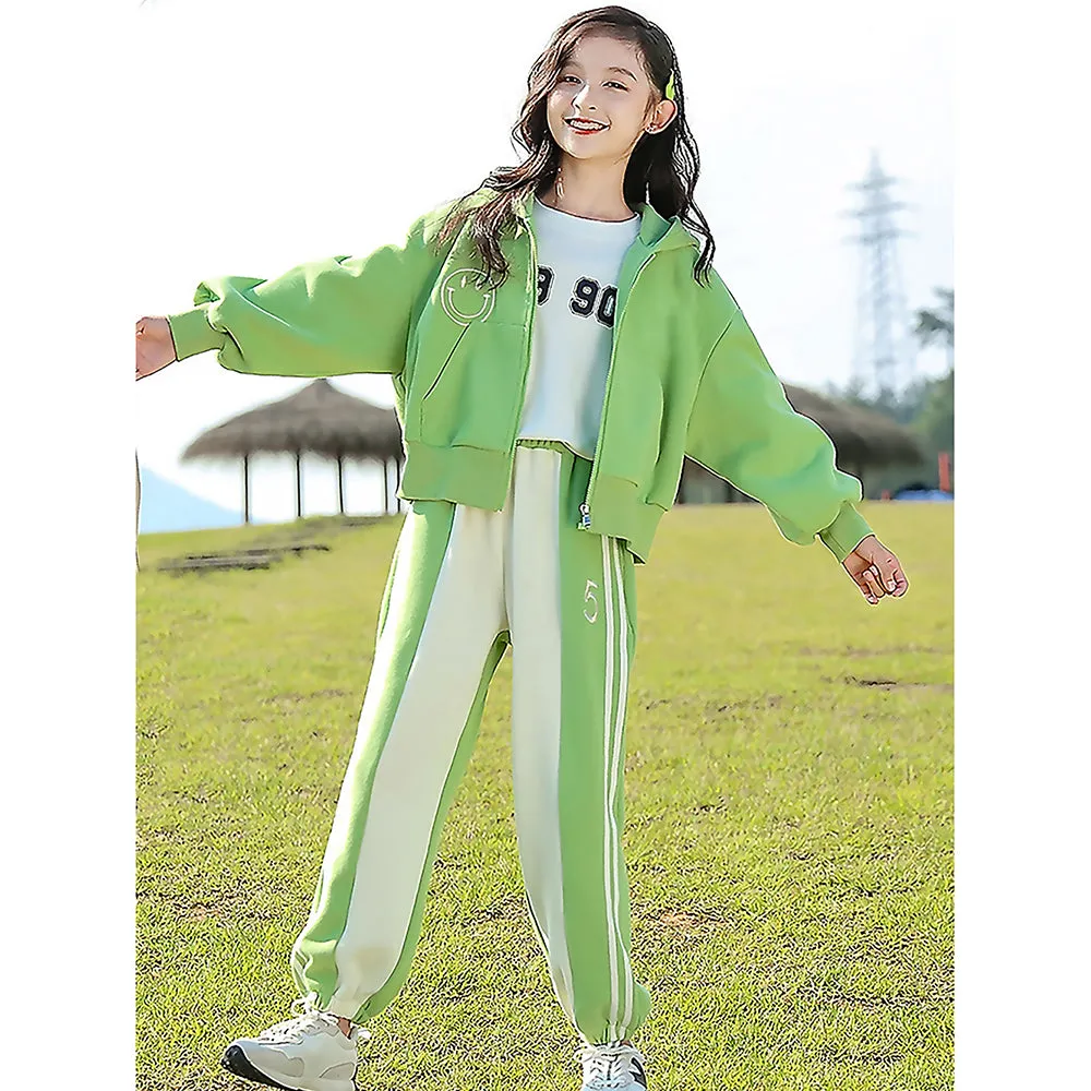 Casual Smiley Green & White Stripes 2Pcs Track Suit Set For Kids & Tweens