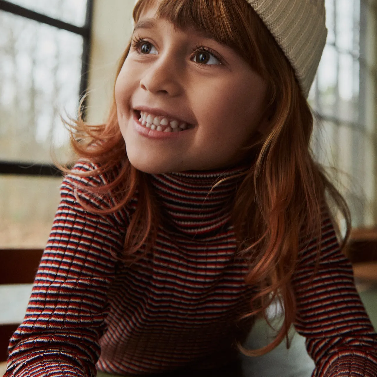 Child’s Rollneck Fine Rib Sweater - 100% Merino - Ecru/Clay/Pond (2-12y )