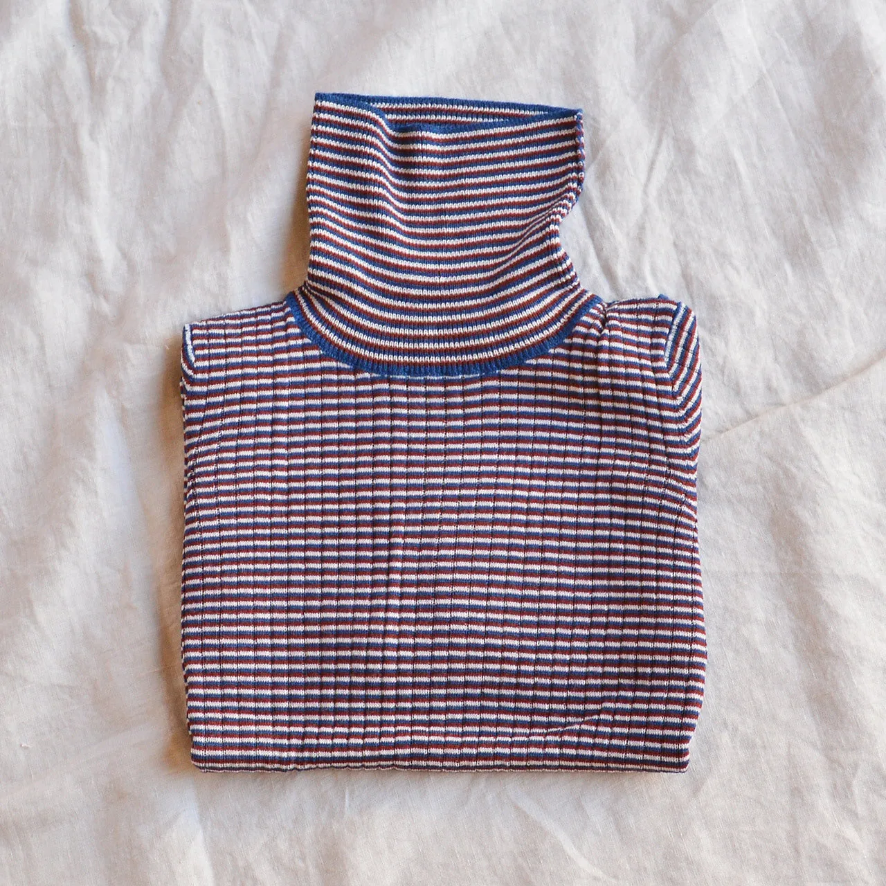 Child’s Rollneck Fine Rib Sweater - 100% Merino - Ecru/Clay/Pond (2-12y )