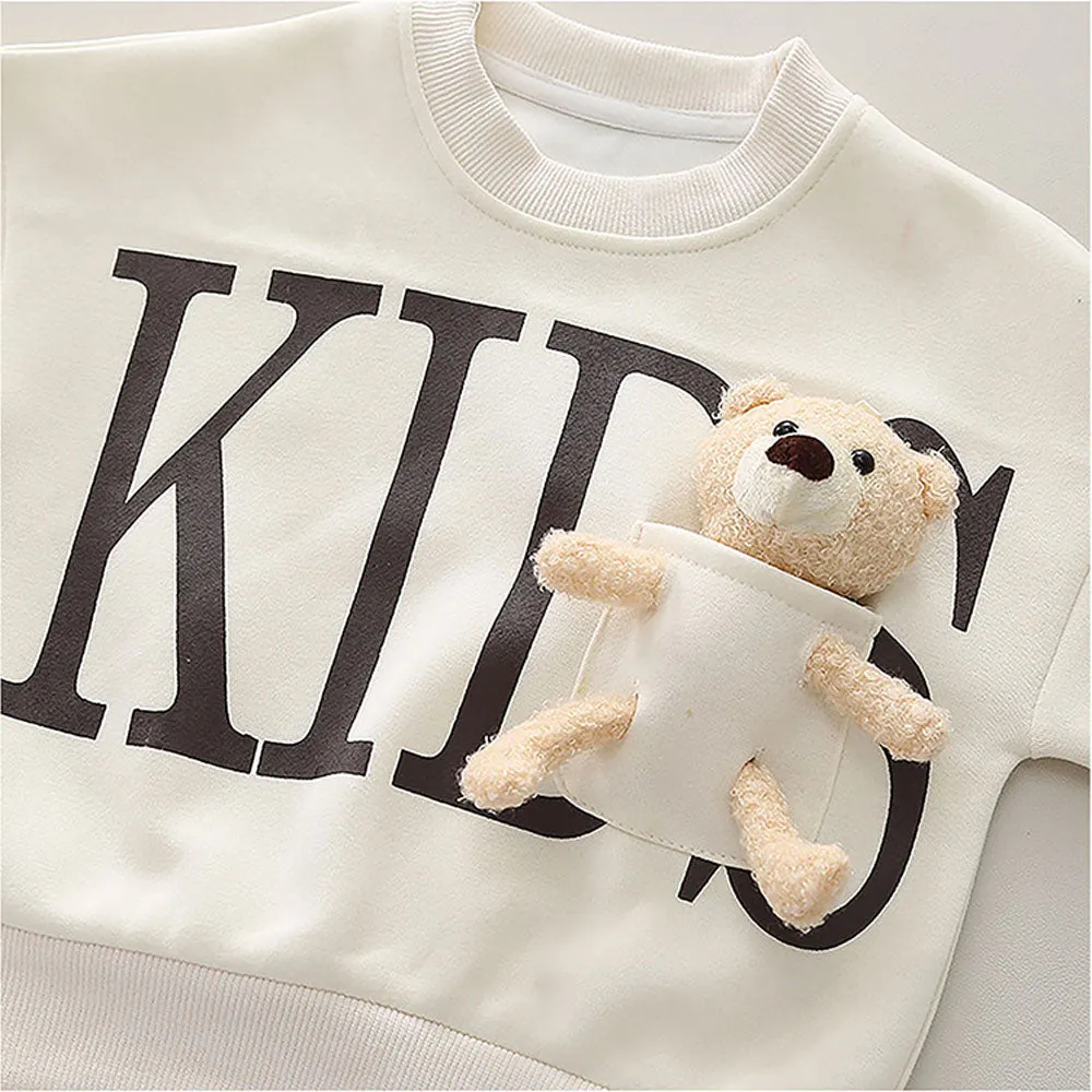 Cream & Brown Kids Teddy Soft Toy 2 Pcs Track Suit Set For Toddlers And Kids