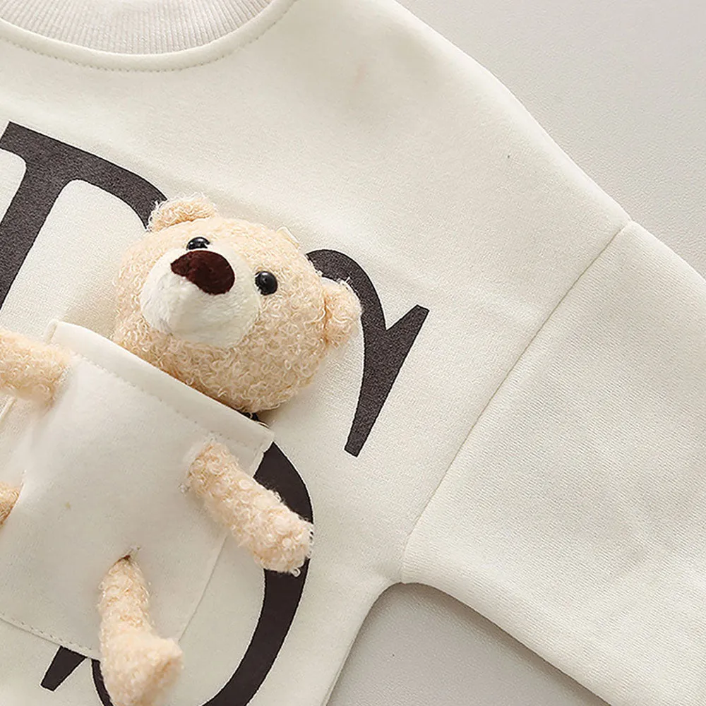 Cream & Brown Kids Teddy Soft Toy 2 Pcs Track Suit Set For Toddlers And Kids