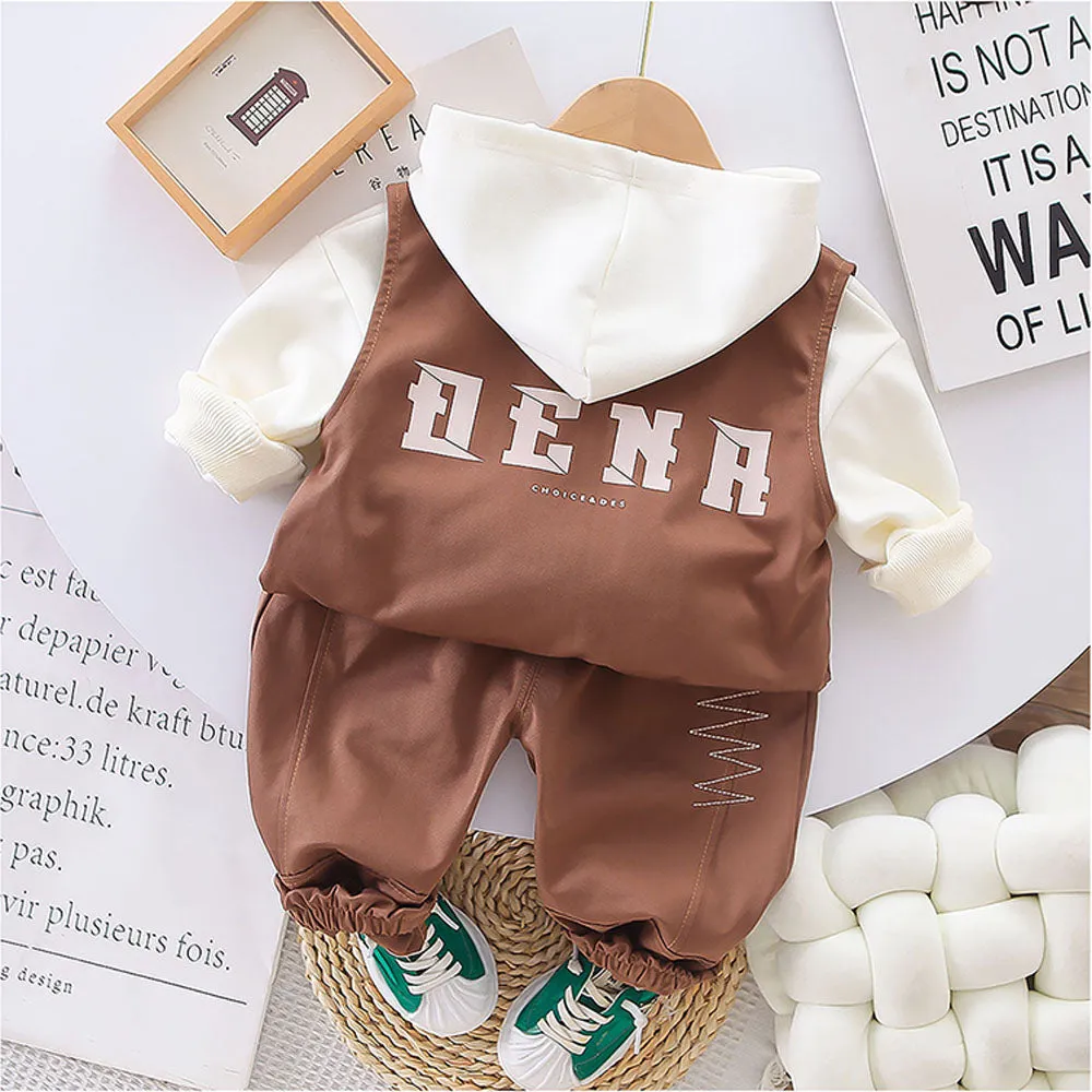 Dark Brown Designed 3 Pcs Sleeveless Jacket Styled Hoodie And Pant Suit Set For Toddlers And Kids
