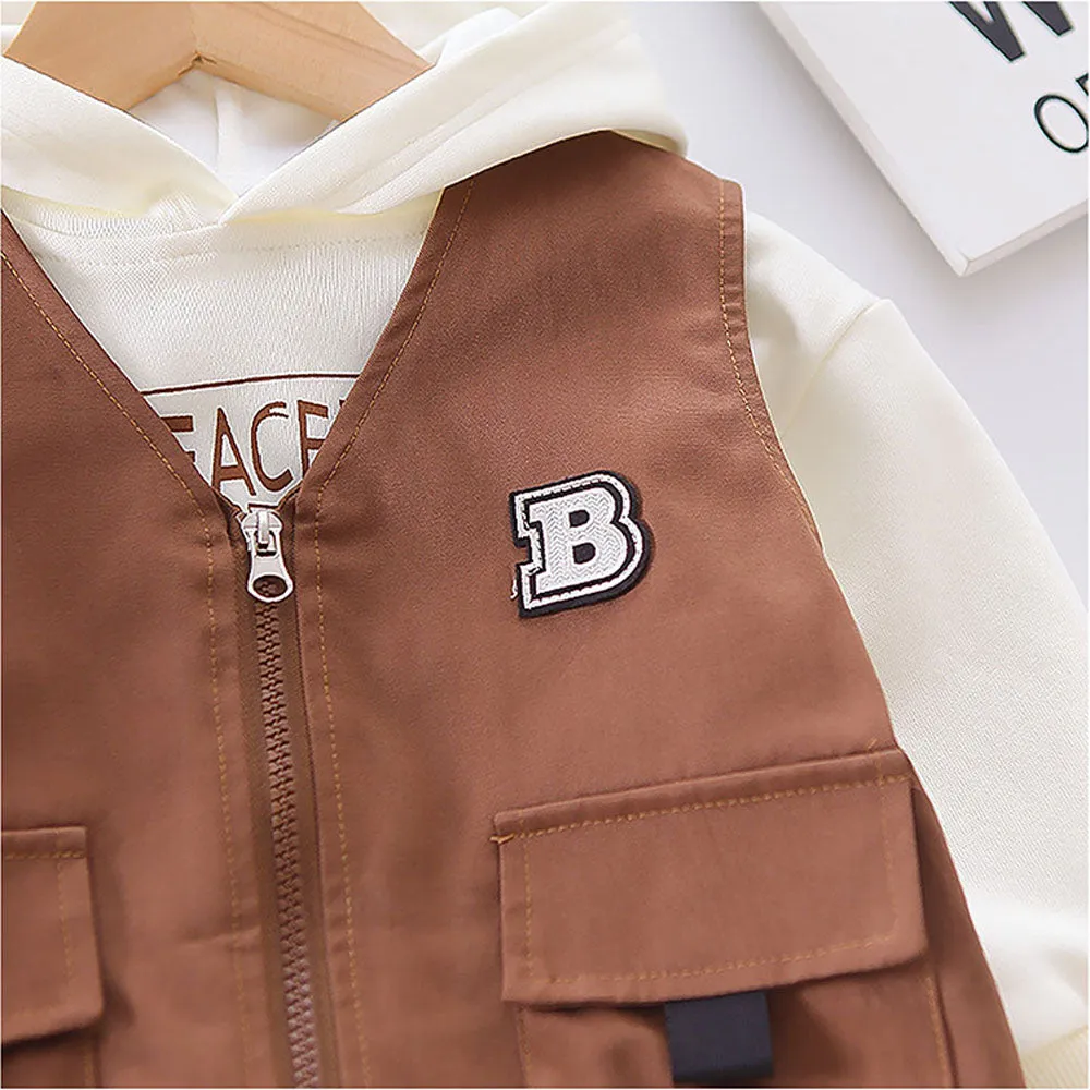Dark Brown Designed 3 Pcs Sleeveless Jacket Styled Hoodie And Pant Suit Set For Toddlers And Kids