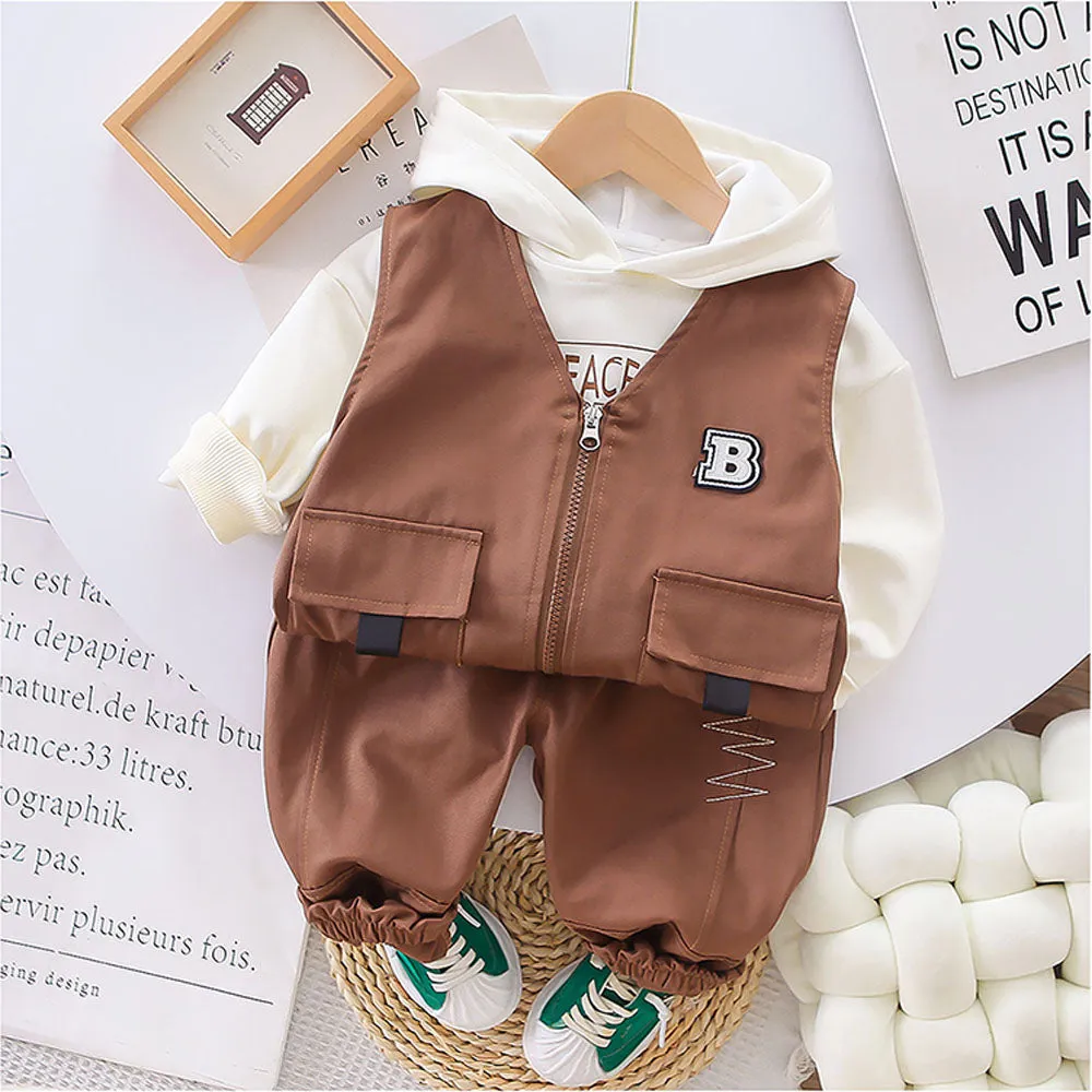 Dark Brown Designed 3 Pcs Sleeveless Jacket Styled Hoodie And Pant Suit Set For Toddlers And Kids