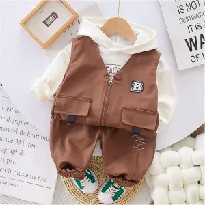 Dark Brown Designed 3 Pcs Sleeveless Jacket Styled Hoodie And Pant Suit Set For Toddlers And Kids