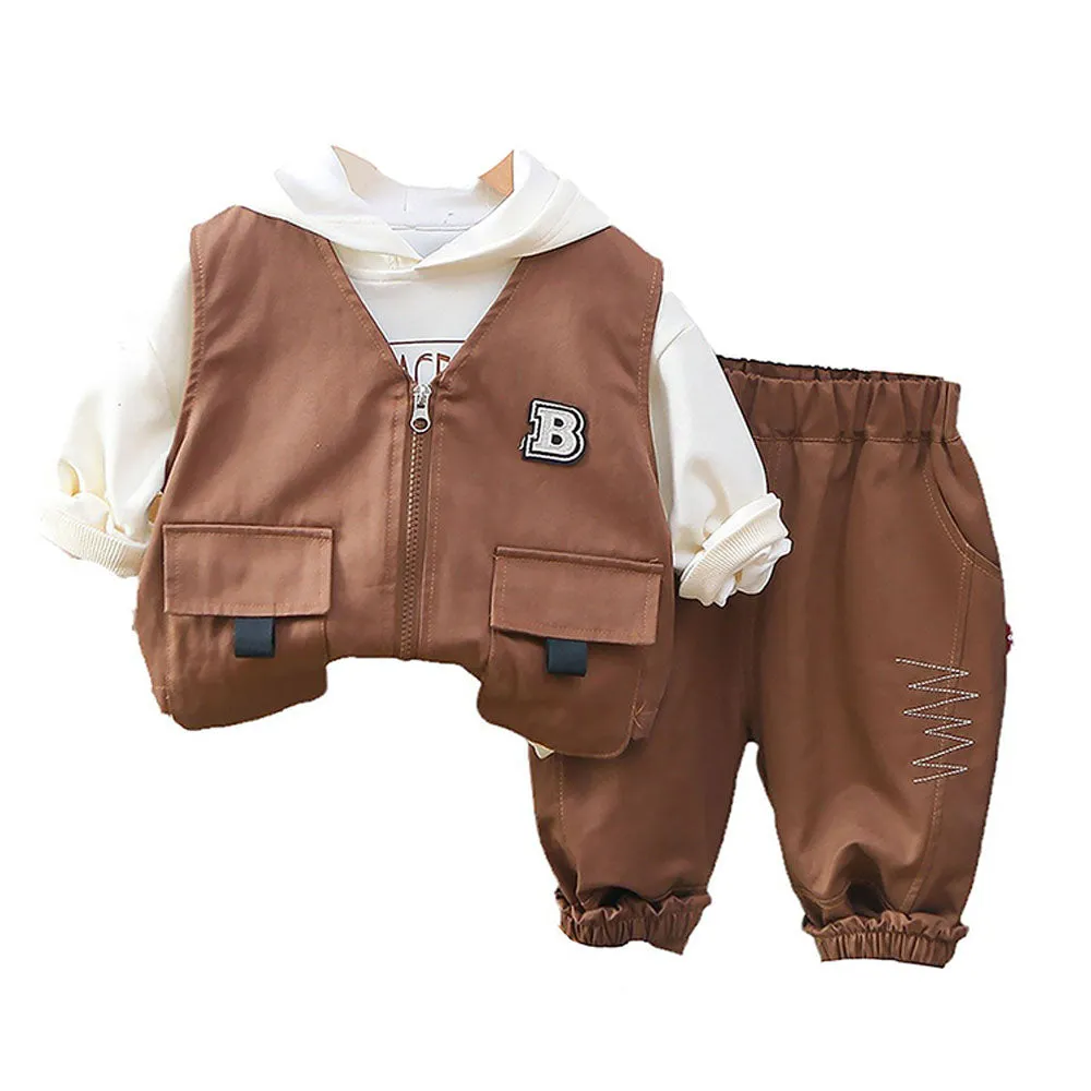 Dark Brown Designed 3 Pcs Sleeveless Jacket Styled Hoodie And Pant Suit Set For Toddlers And Kids