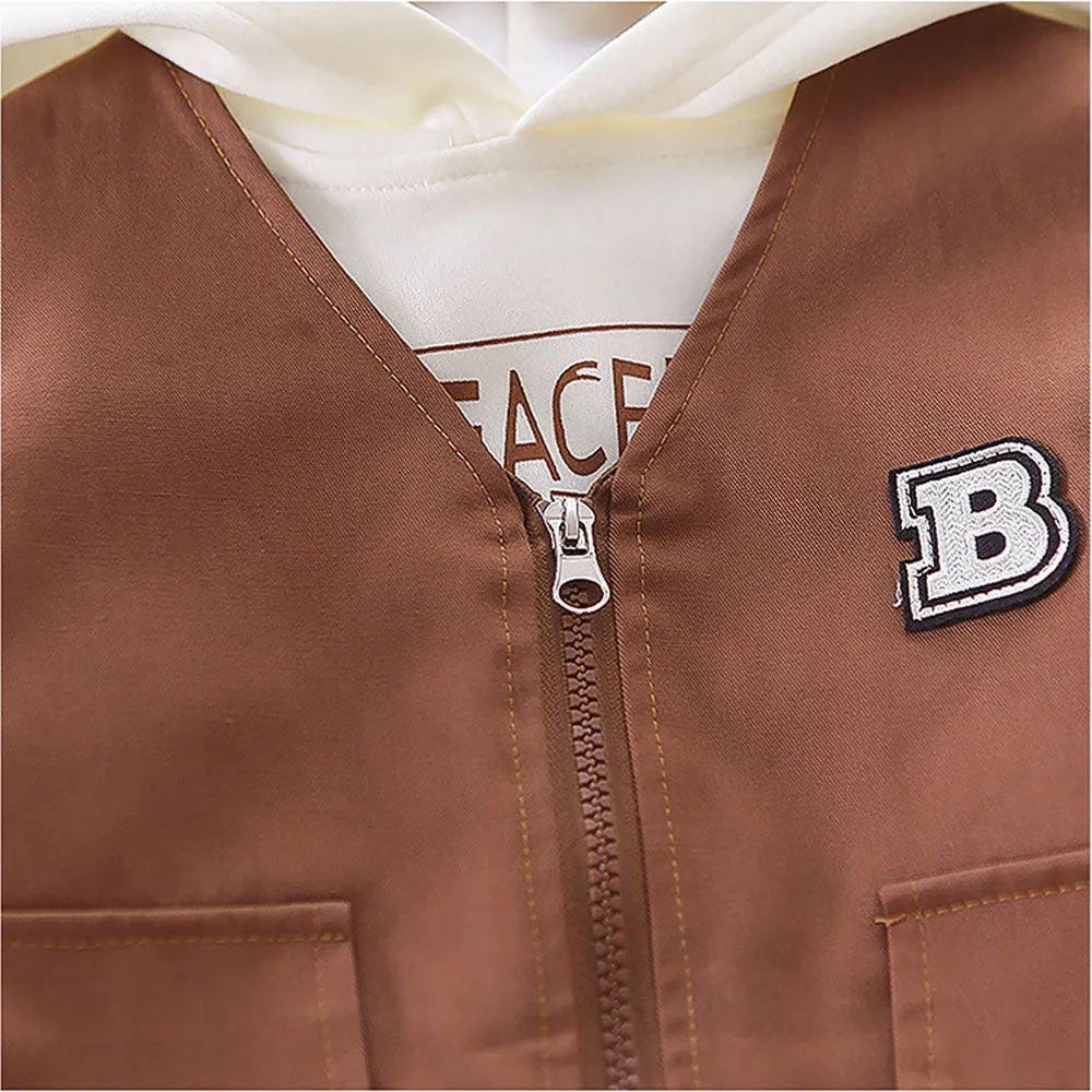 Dark Brown Designed 3 Pcs Sleeveless Jacket Styled Hoodie And Pant Suit Set For Toddlers And Kids
