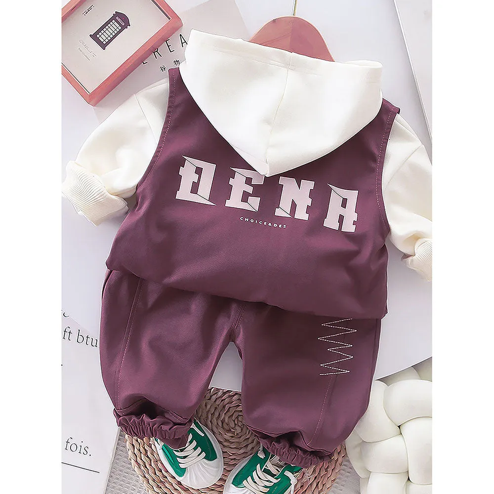 Dark Burgandy Designed 3 Pcs Sleeveless Jacket Styled Hoodie And Pant Suit Set For Toddlers And Kids
