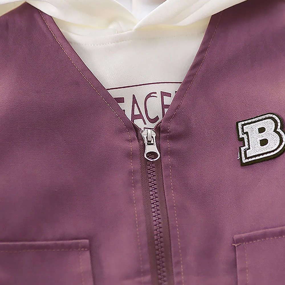 Dark Burgandy Designed 3 Pcs Sleeveless Jacket Styled Hoodie And Pant Suit Set For Toddlers And Kids