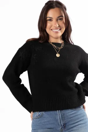 Days Of Dreaming Black Floral Embroidered Crew Neck Sweater FINAL SALE