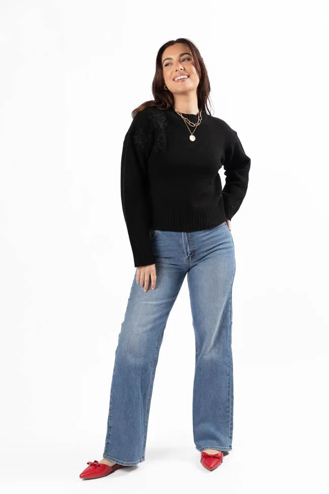 Days Of Dreaming Black Floral Embroidered Crew Neck Sweater FINAL SALE