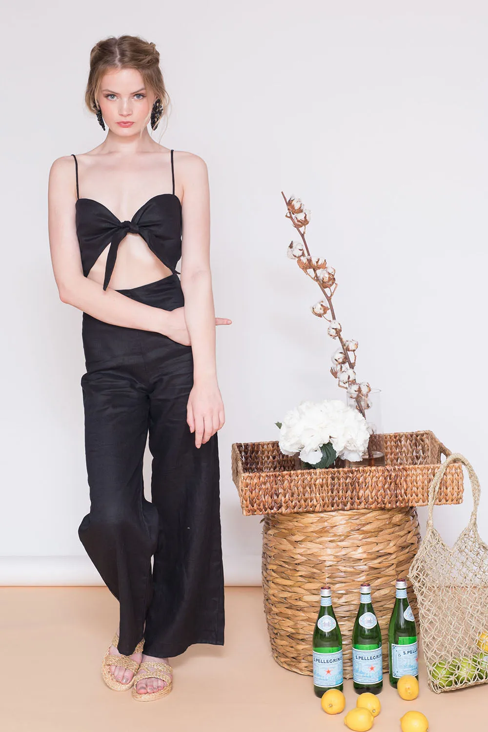 FIJI PANTS SET Tie Front Crop Top   Culottes (Black Linen)