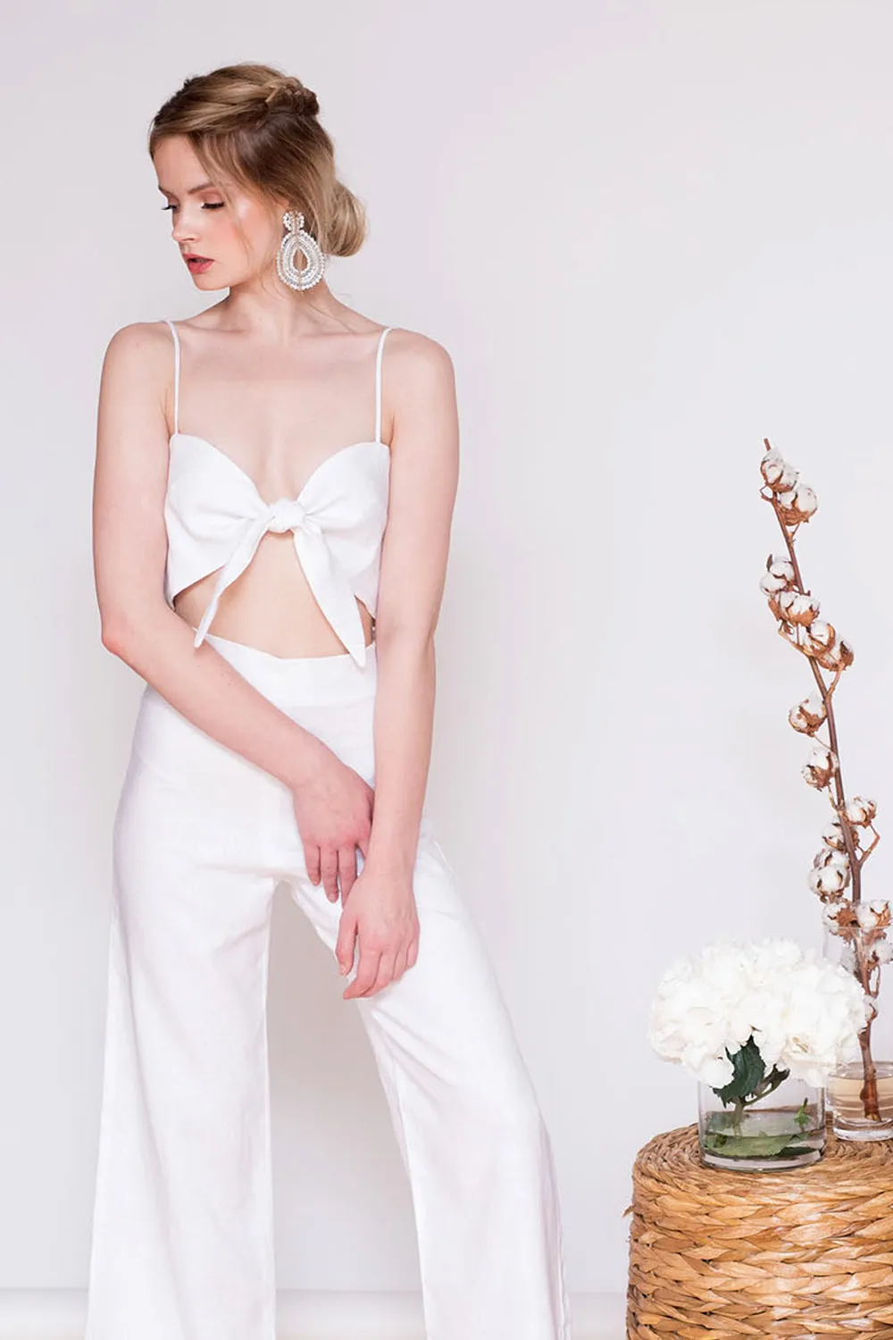 FIJI PANTS SET Tie Front Crop Top   Culottes (White Linen)