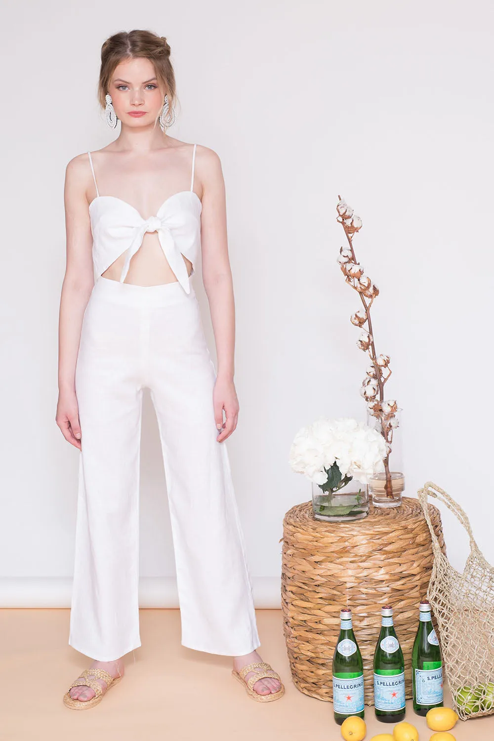 FIJI PANTS SET Tie Front Crop Top   Culottes (White Linen)