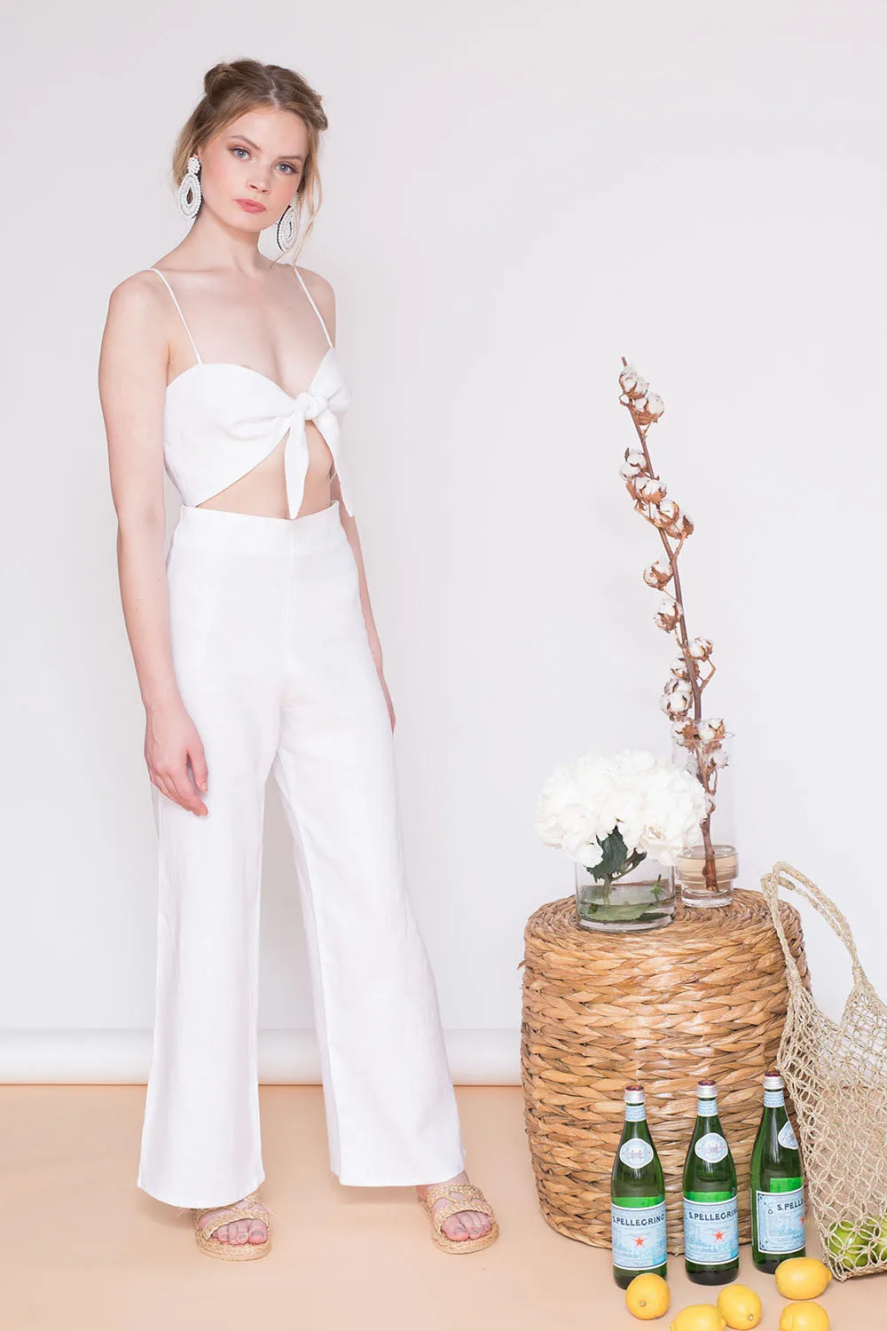 FIJI PANTS SET Tie Front Crop Top   Culottes (White Linen)