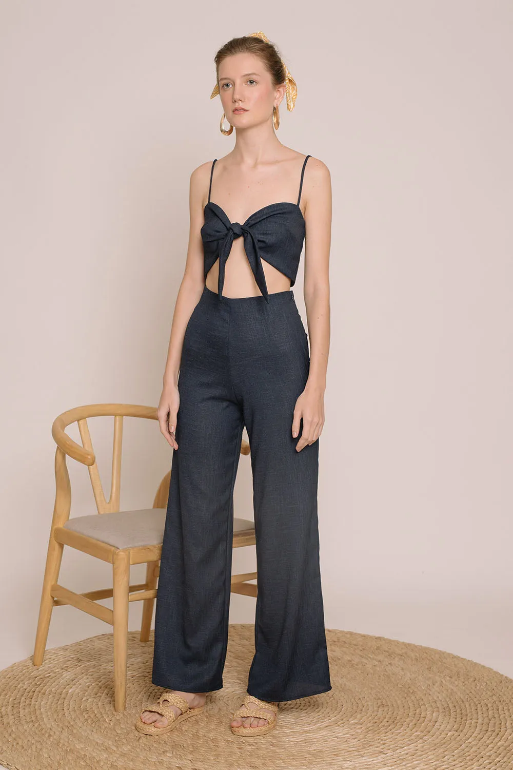 FIJI SET Tie Front Crop Top and Culottes  (Midnight Blue Crepe)