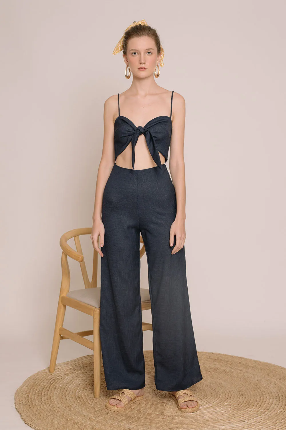 FIJI SET Tie Front Crop Top and Culottes  (Midnight Blue Crepe)