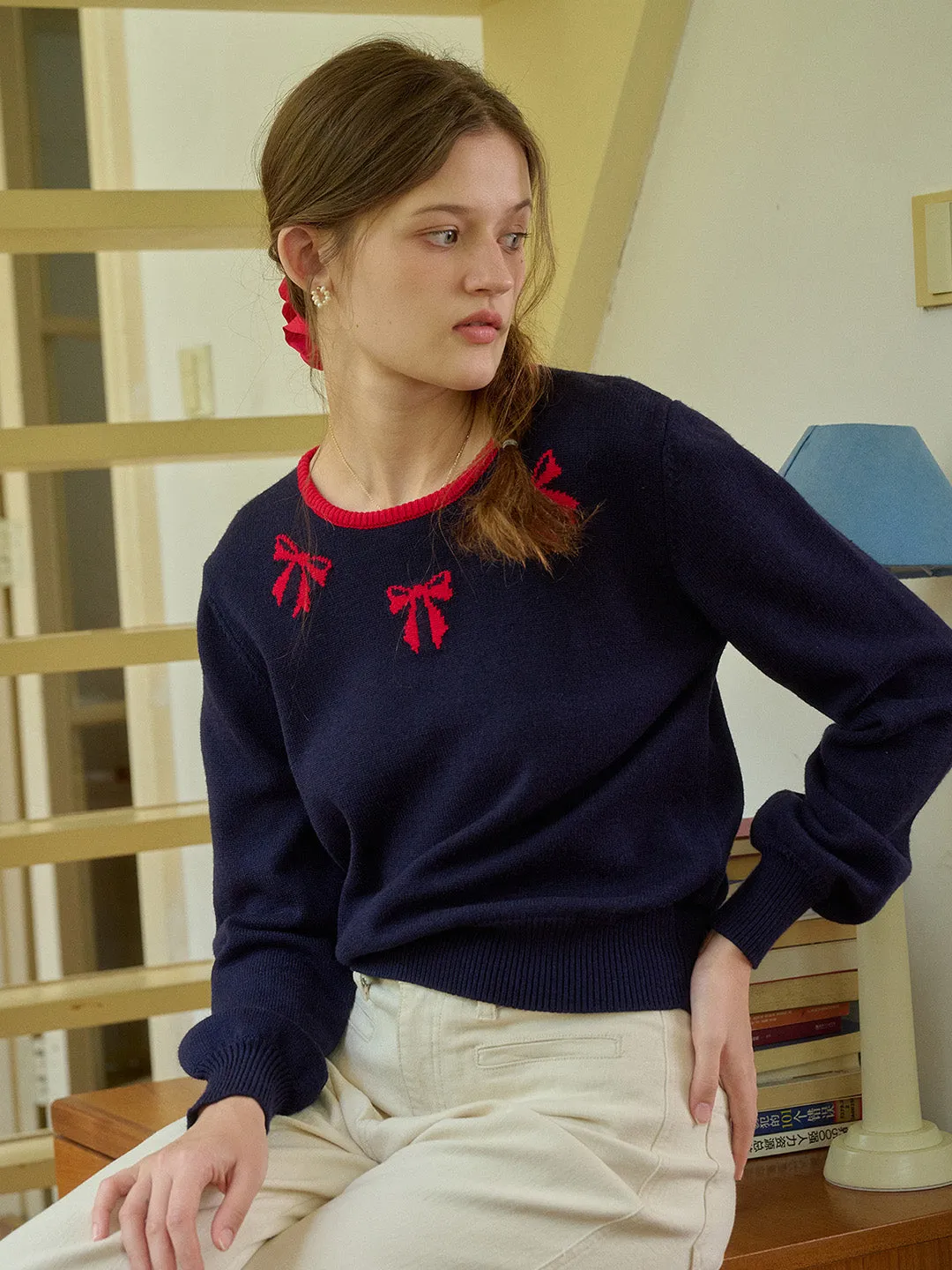 【Final Sale】Hilary Round Neck Bowknot Pullover Sweater