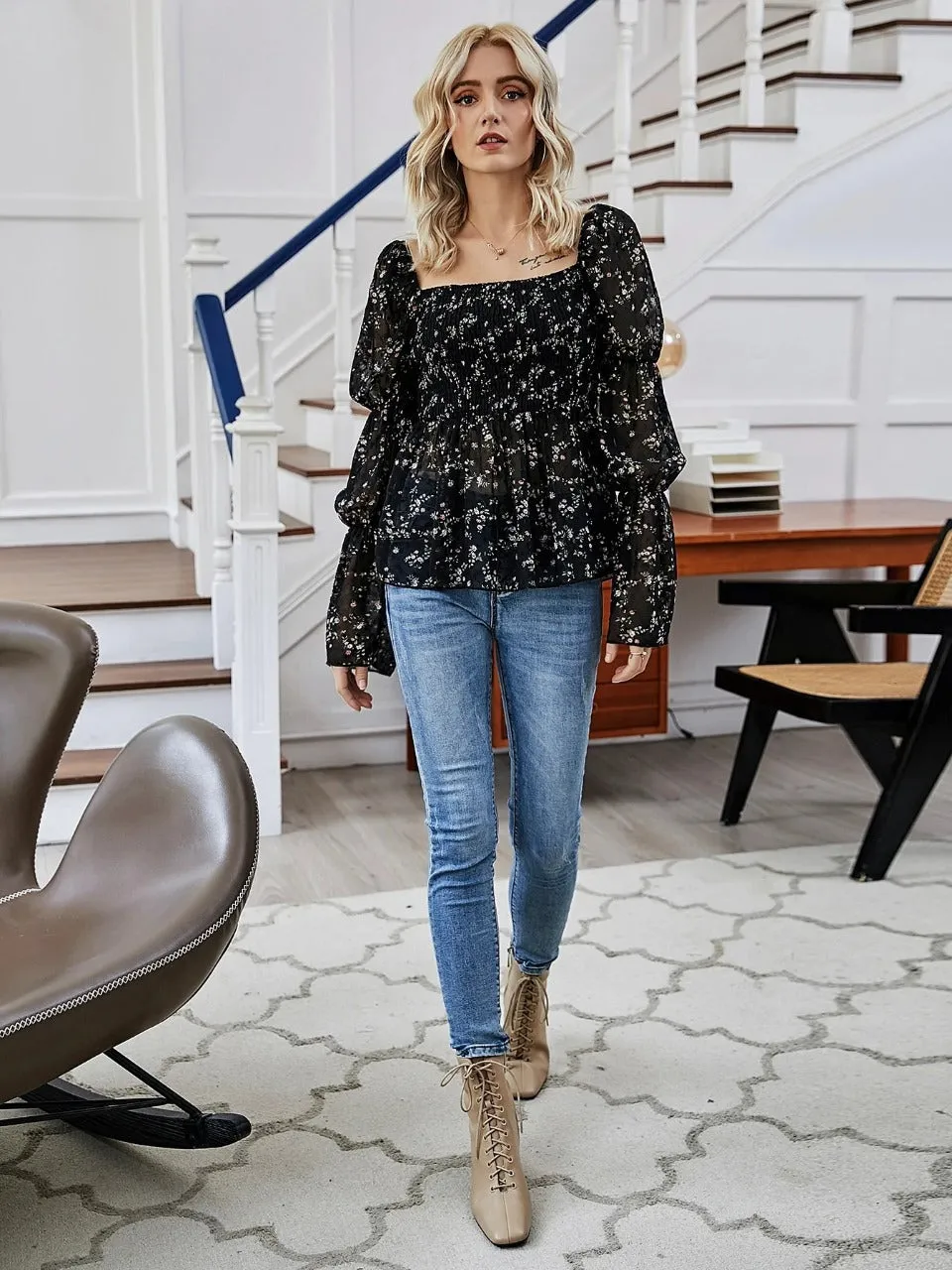 Floral Print Flounce Sleeve Shirred Chiffon Blouse( clearance sale